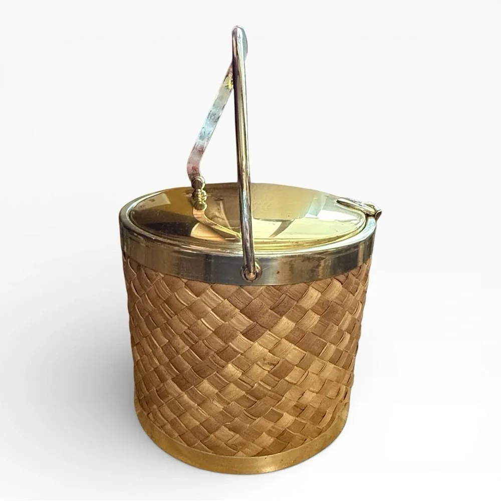 Mid Century Raffia and Gold Ice Bucket by Kraftware Co. NYC